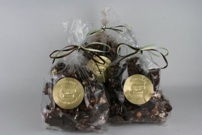 Chocolate Coated Caramel Corn with Cashews, Peanuts, and Coconut