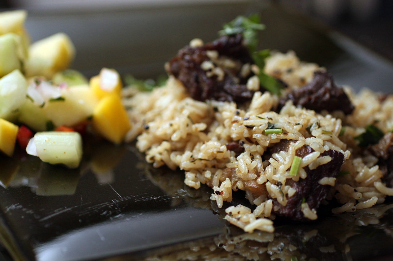 Sumptuous Beef & Rice Casserole with Raw Mango Salad