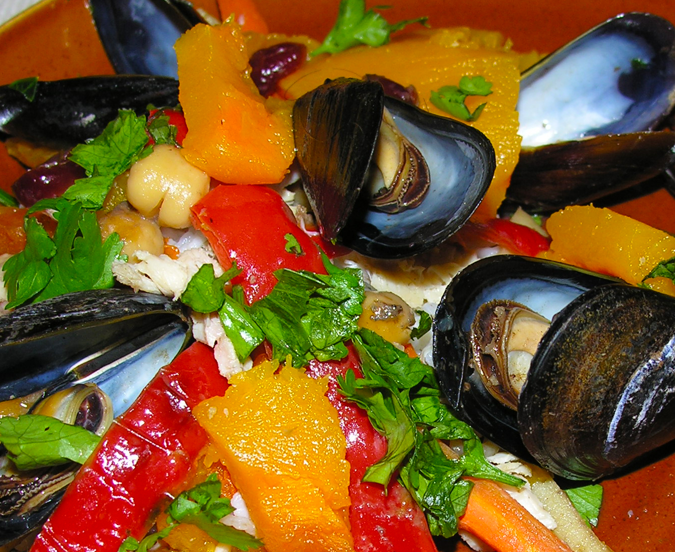 Moroccan Butternut Squash with Chicken, Chorizo, and Mussels