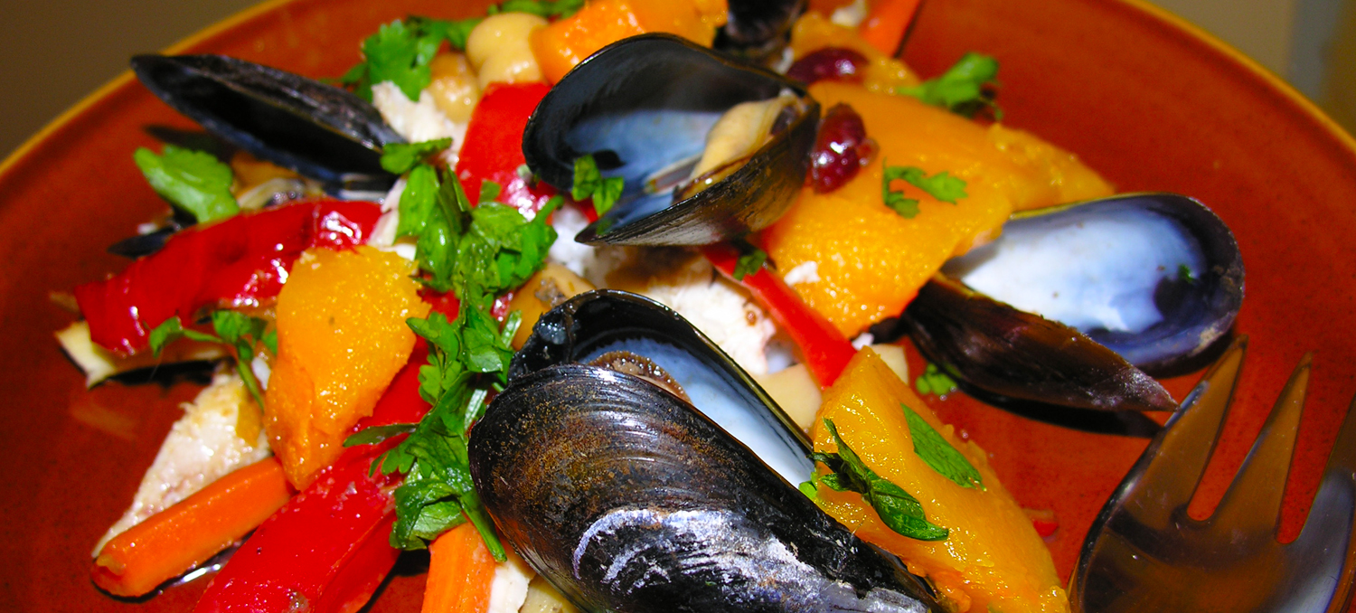 Moroccan Butternut Squash with Chicken, Chorizo, and Mussels