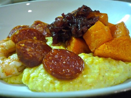 Spiced butternut squash with polenta, shrimp & chorizo 