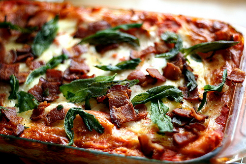 Roasted Butternut Squash Lasagna with Goat Cheese, Bacon, and Fried Sage