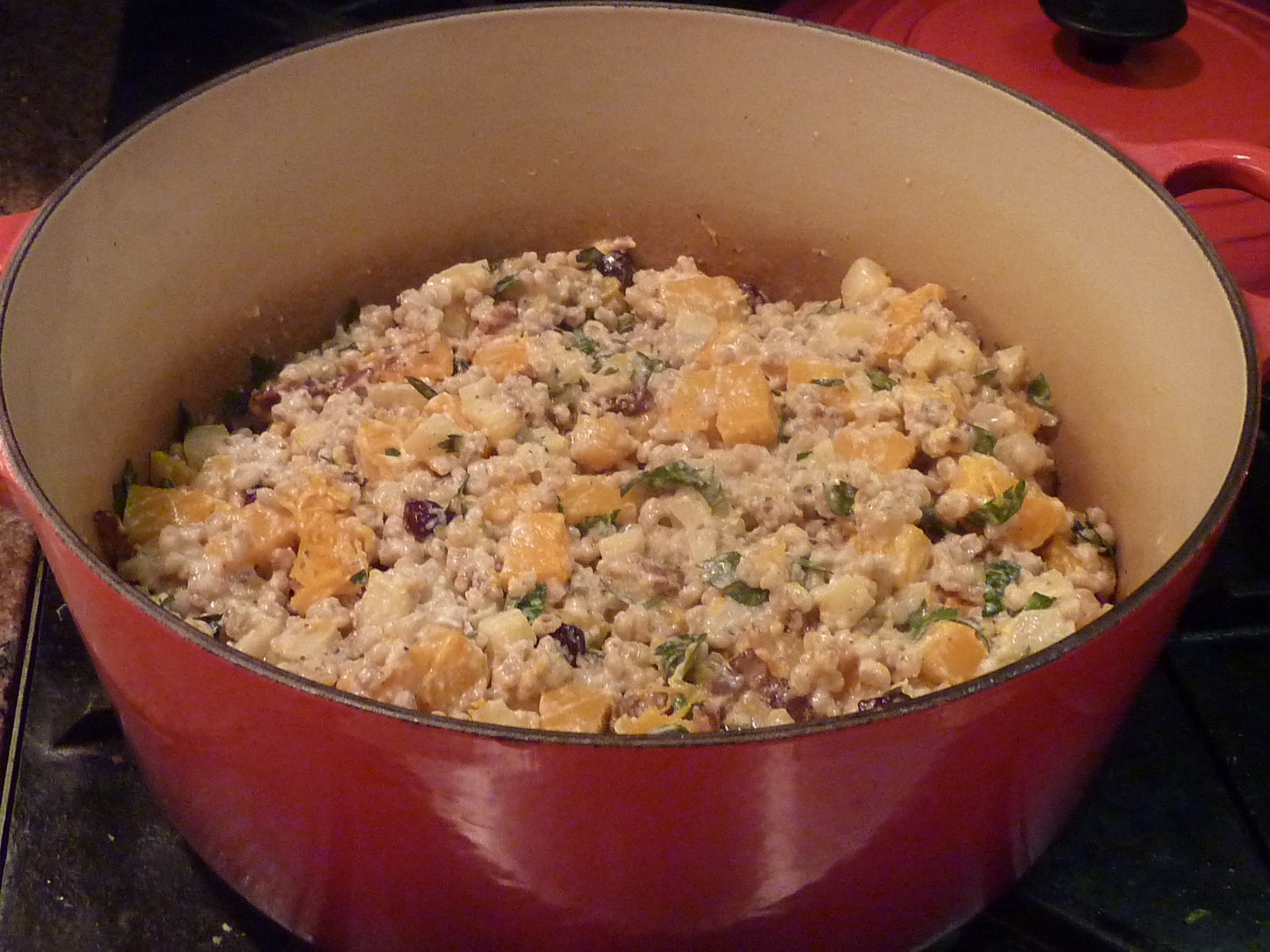Barley Pilaf with Butternut Squash, Apples, Pears and Calvados Goat Cheese Cream Sauce