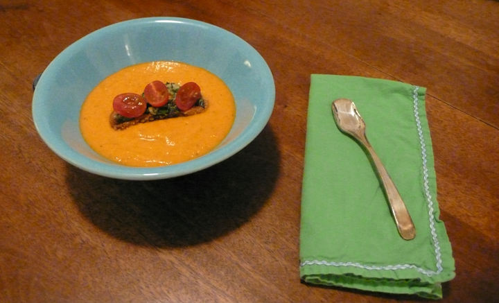 Cherry Tomato & Basil Croutons atop Creamy Heirloom Tomato Soup