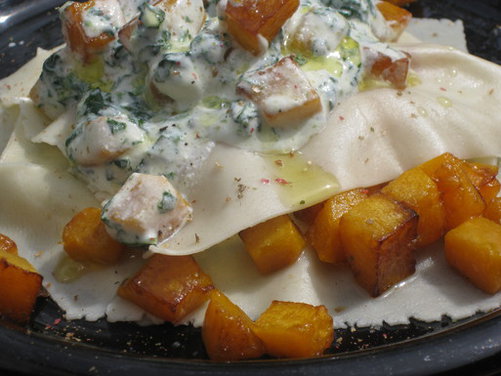 Free-form butternut squash and spinach lasagna