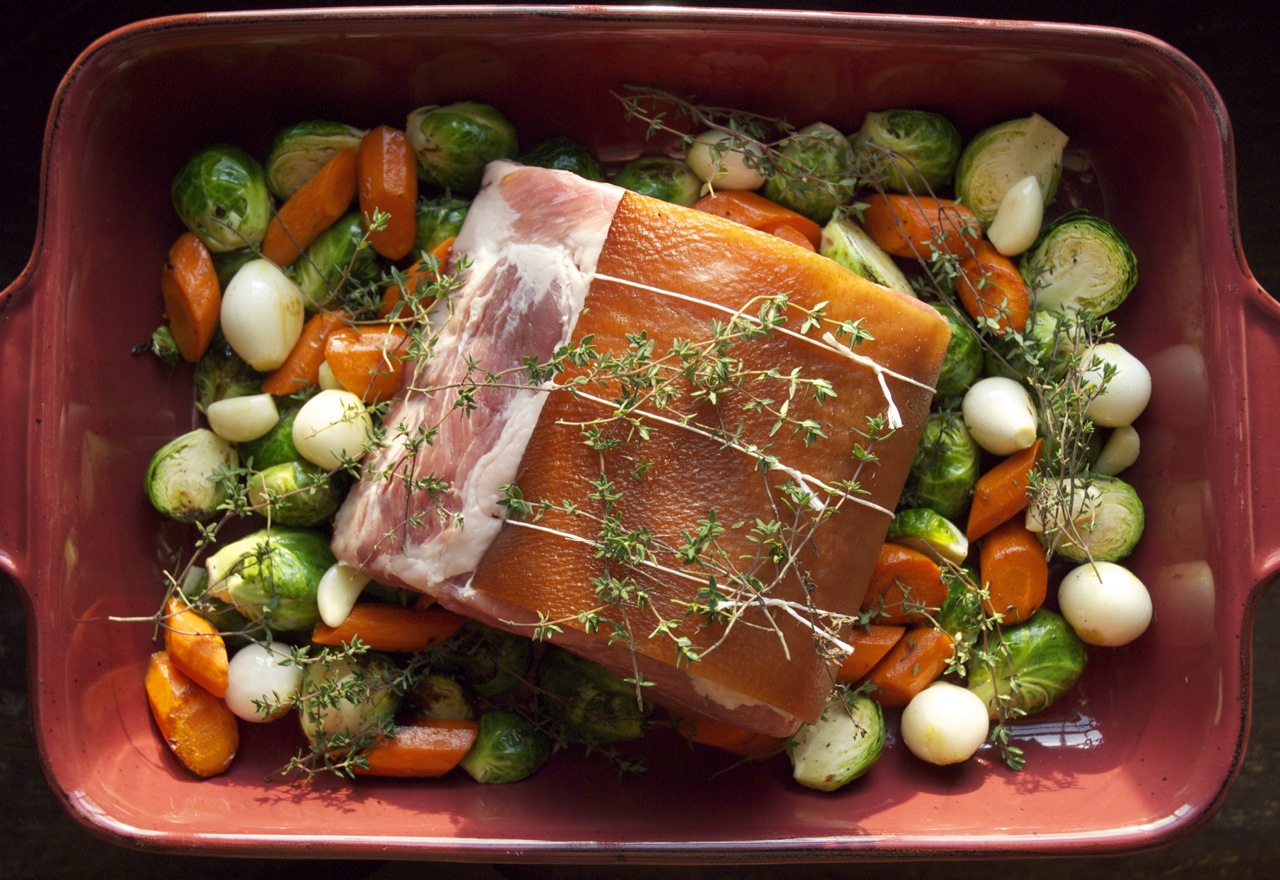 Applewood Smoked Bacon Rind Barded Pork Loin Roast with Fall Vegetables