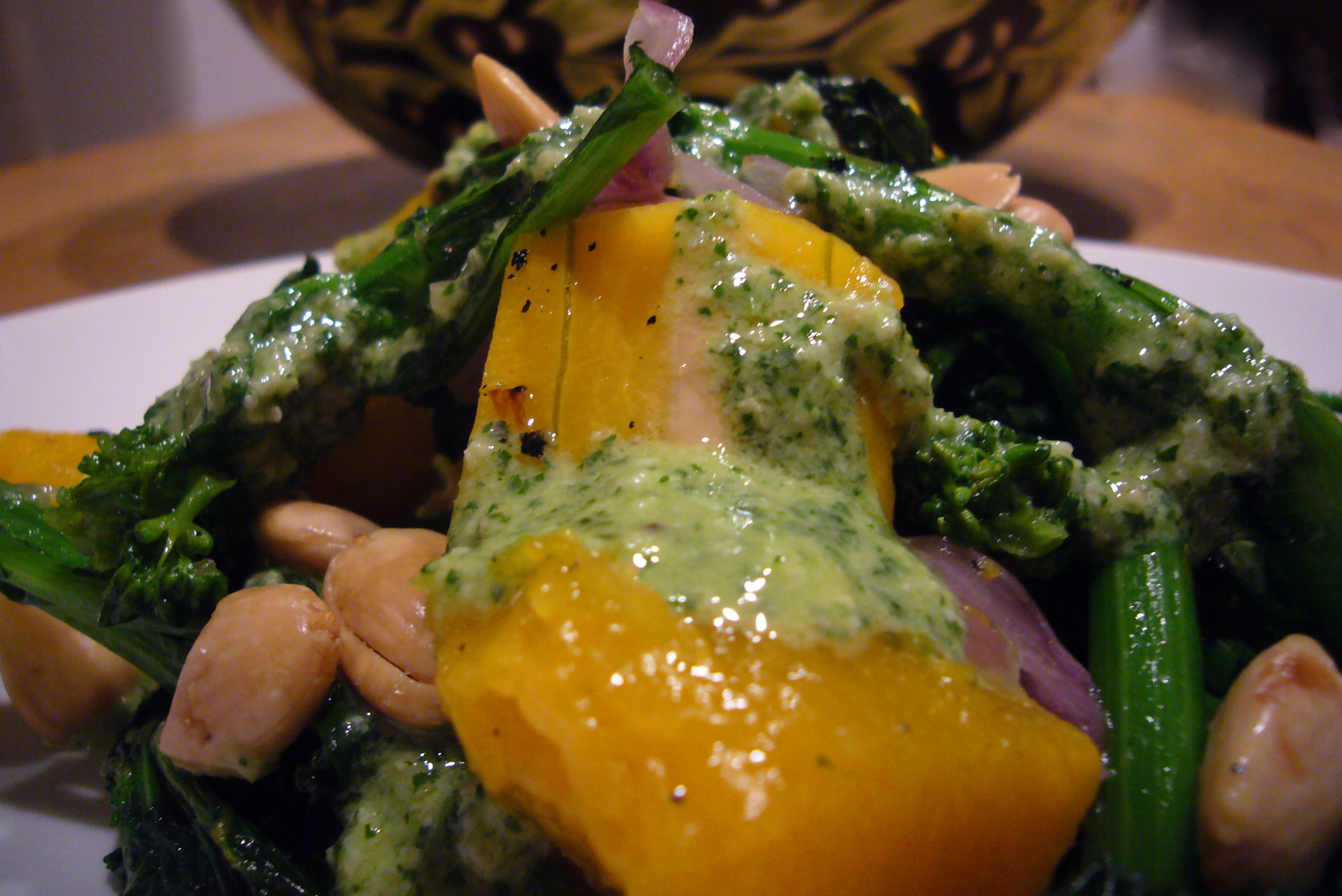 Roasted Butternut Squash and Rapini Sauté with Creamy Pumpkin Seed and Cilantro Dressing