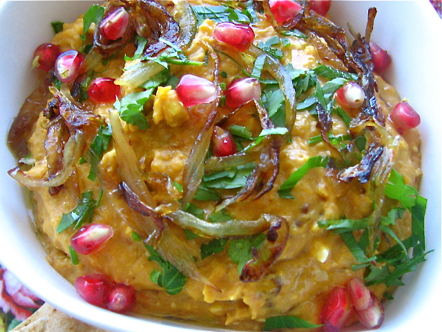 Butternut Squash Dip with Pomegranate Molasses, Feta, and Caramelized Shallots