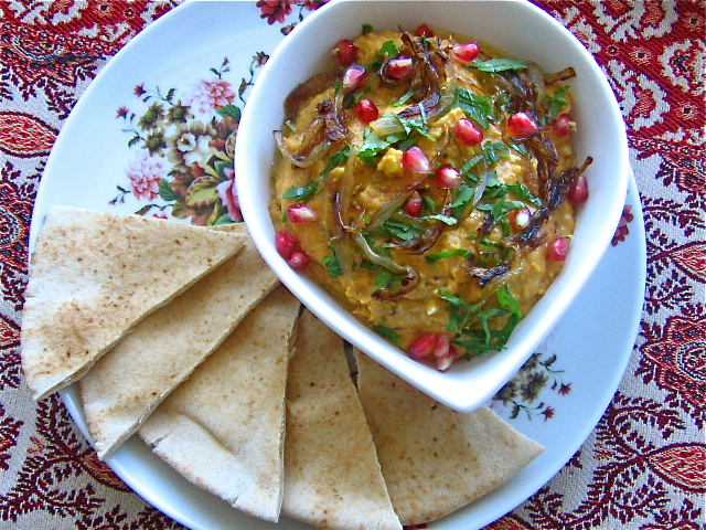 Butternut Squash Dip with Pomegranate Molasses, Feta, and Caramelized Shallots