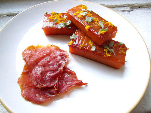 Butternut Bricks with Ginger Maple Bourbon Glaze and Prosciutto Chips