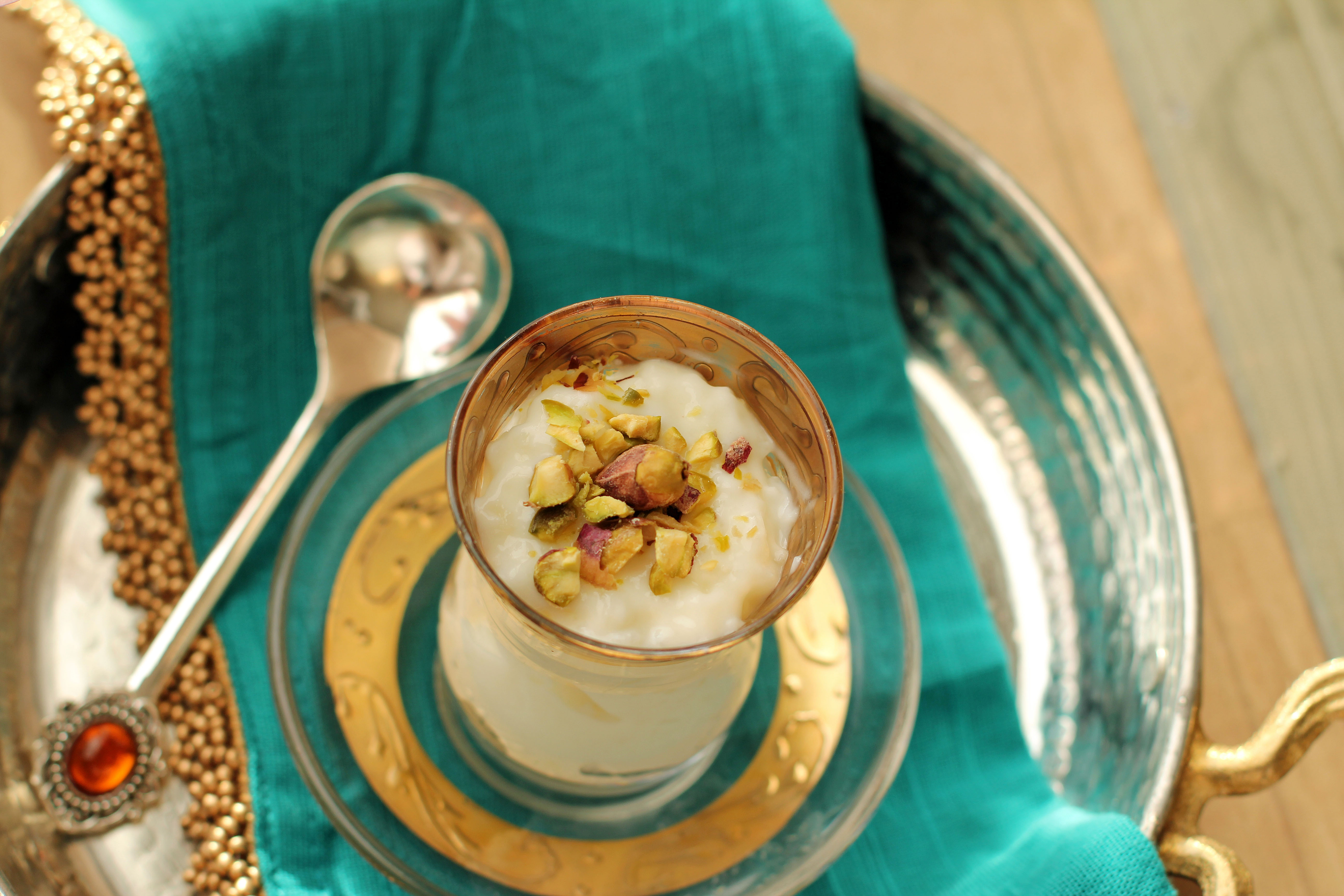 Creamy Rice Pudding infused with Orange Blossom Water & Cardamom