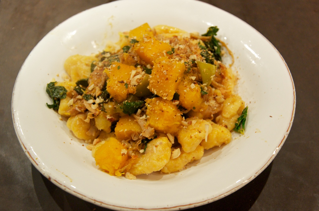 Butternut Squash Gnocchi with Satueed Butternut Squash, Wild Mushrooms, Sage and Hazelnuts