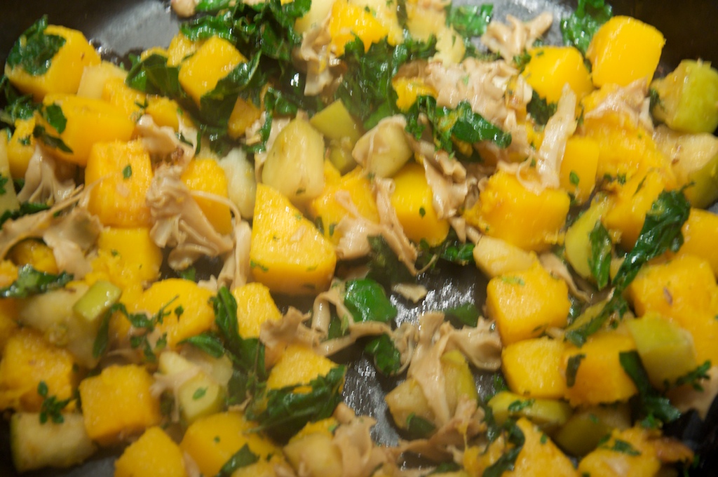 Butternut Squash Gnocchi with Satueed Butternut Squash, Wild Mushrooms, Sage and Hazelnuts