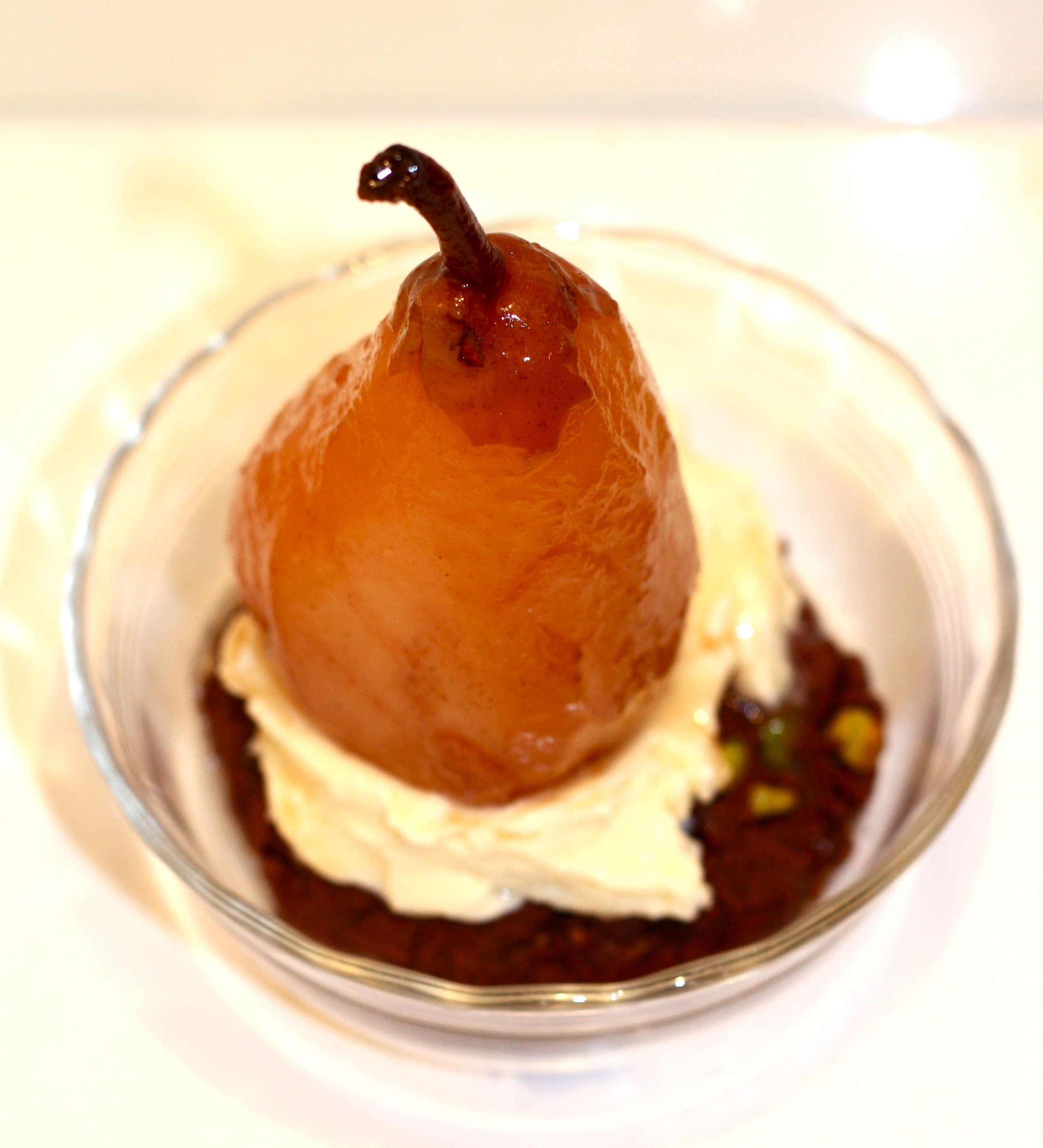 Pacherenc-Poached Winter Pears with Dark Chocolate & Salted Pistachio Cookies 