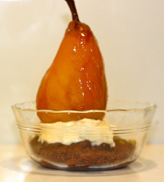 Pacherenc-Poached Winter Pears with Dark Chocolate & Salted Pistachio Cookies 