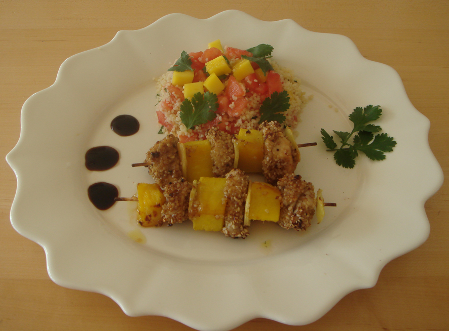 Honey and Mustard Chicken with Mango and Ginger Skewers