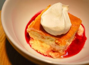 Cointreau Pudding Cake with Cranberry Syrup