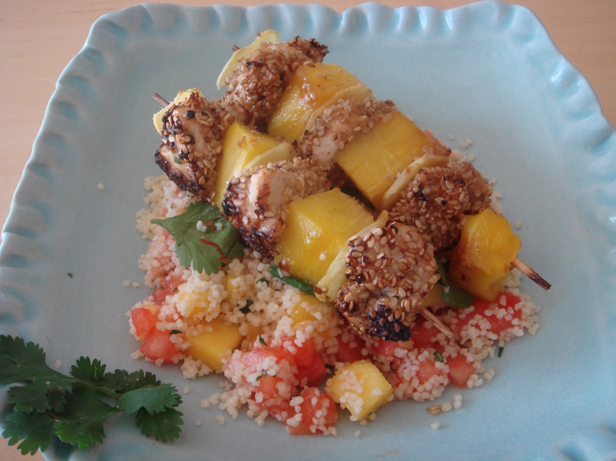 Honey and Mustard Chicken with Mango and Ginger Skewers