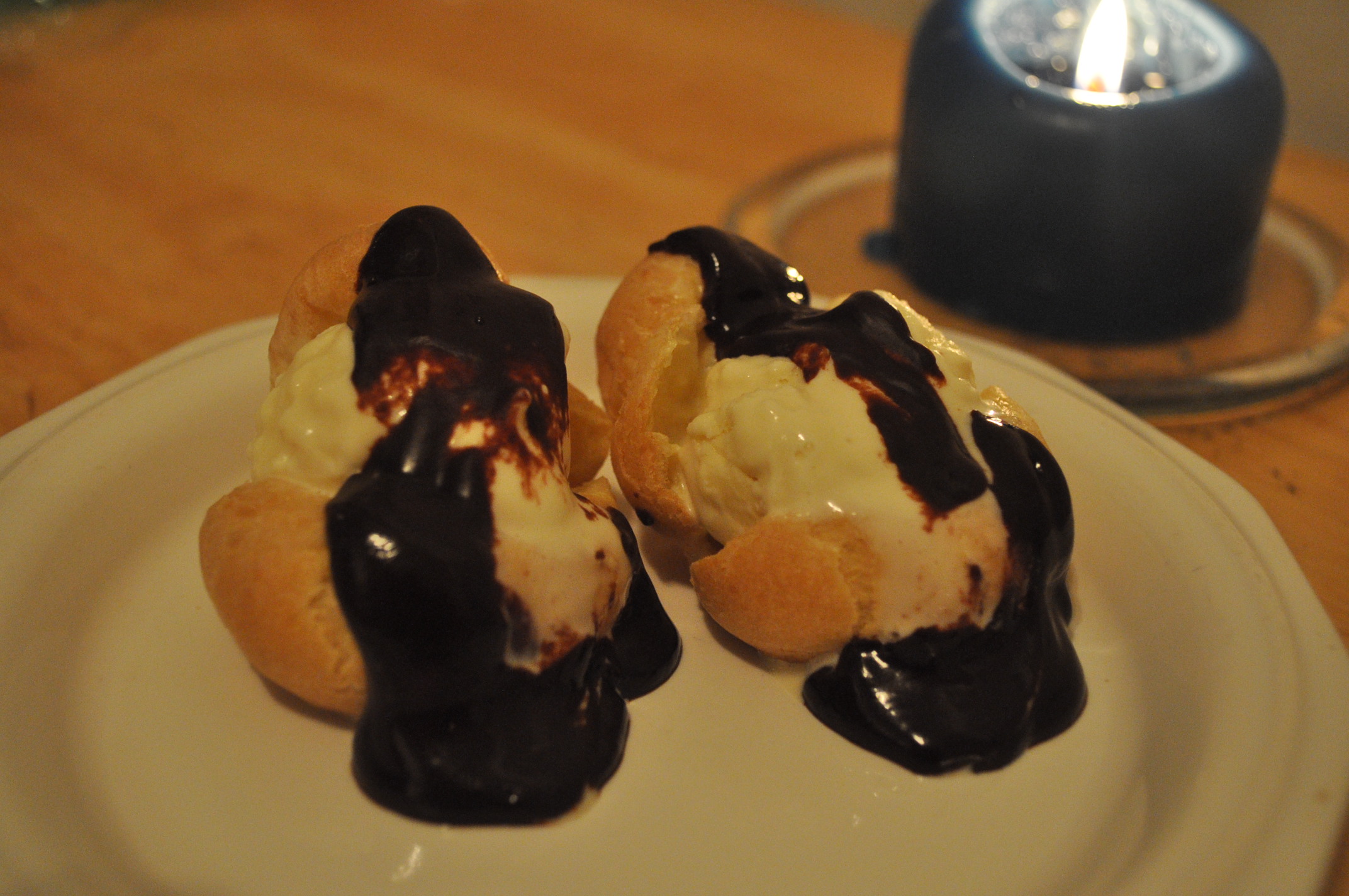 profiteroles with cinnamon ice cream, apple butter & ganache
