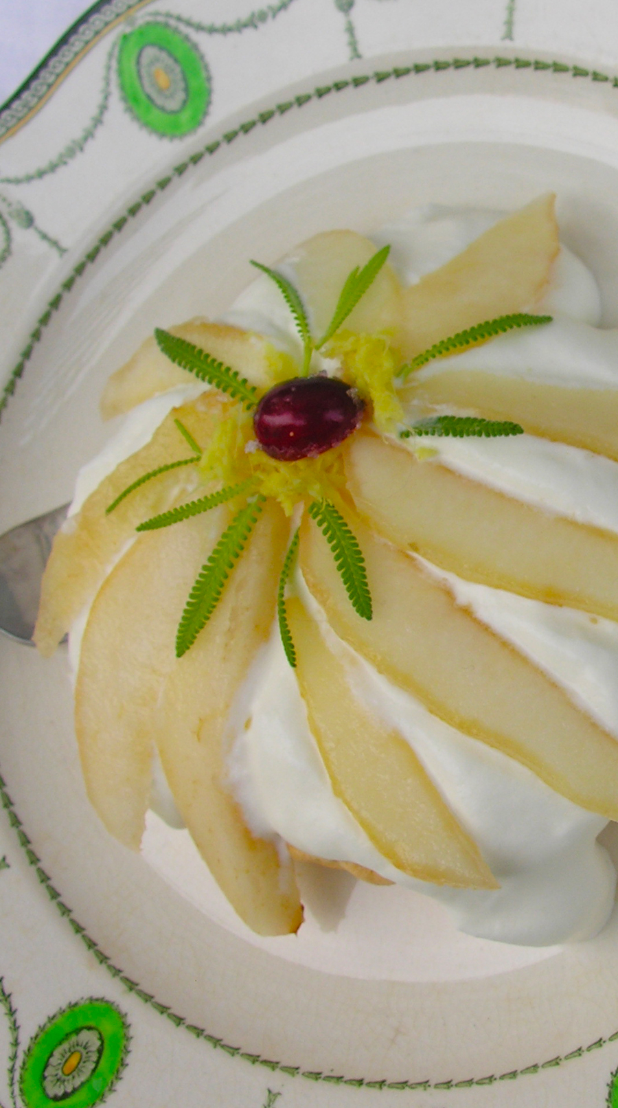 Pear pavlova with undertones of lavender and ginger