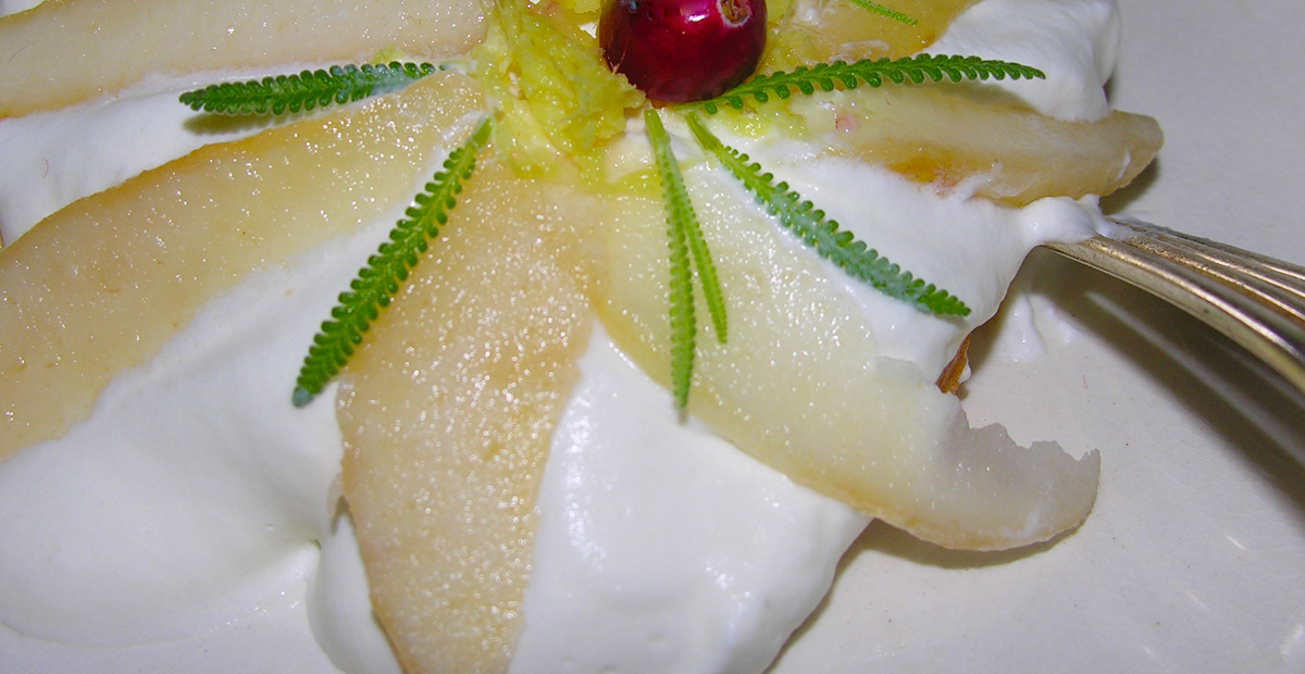 Pear pavlova with undertones of lavender and ginger