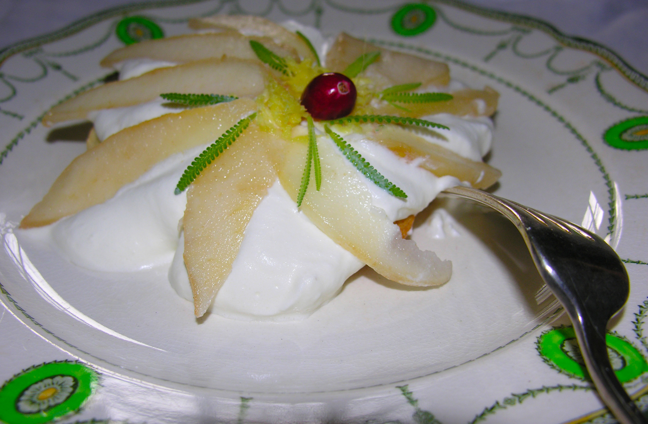 Pear pavlova with undertones of lavender and ginger