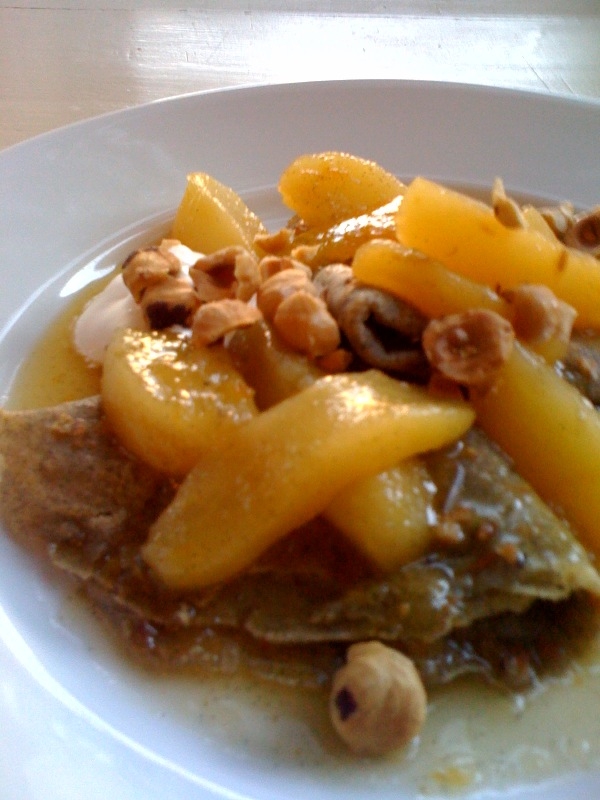 Hazelnut-Buckwheat Crepes with Pear-Ginger Compote and Creme Fraiche