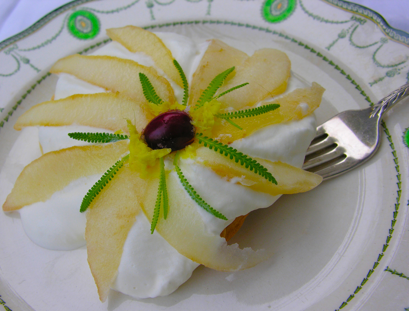 Pear pavlova with undertones of lavender and ginger