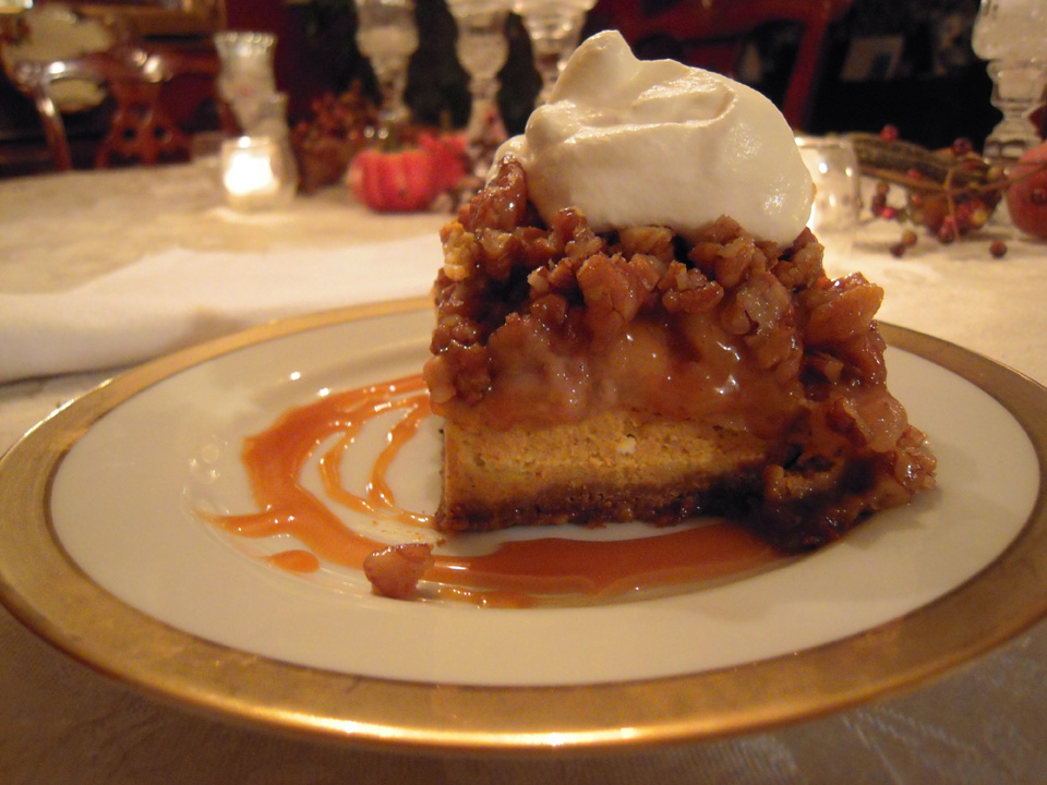 Pumpkin Pudding with Caramel, Apples, and Pecans, topped with Frangelico Cream