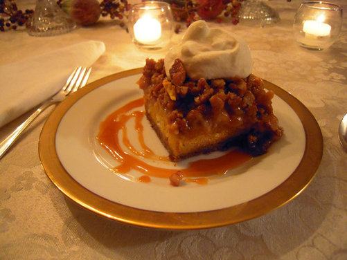 Pumpkin Pudding with Caramel, Apples, and Pecans, topped with Frangelico Cream