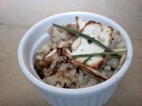 savory oatmeal with ricotta salata, brazil nuts and thyme