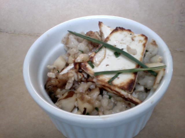 savory oatmeal with ricotta salata, brazil nuts and thyme