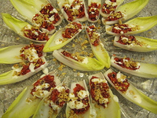 Cranberry and Persimmon Filled Endive with Tangy Goat Cheese Dressing