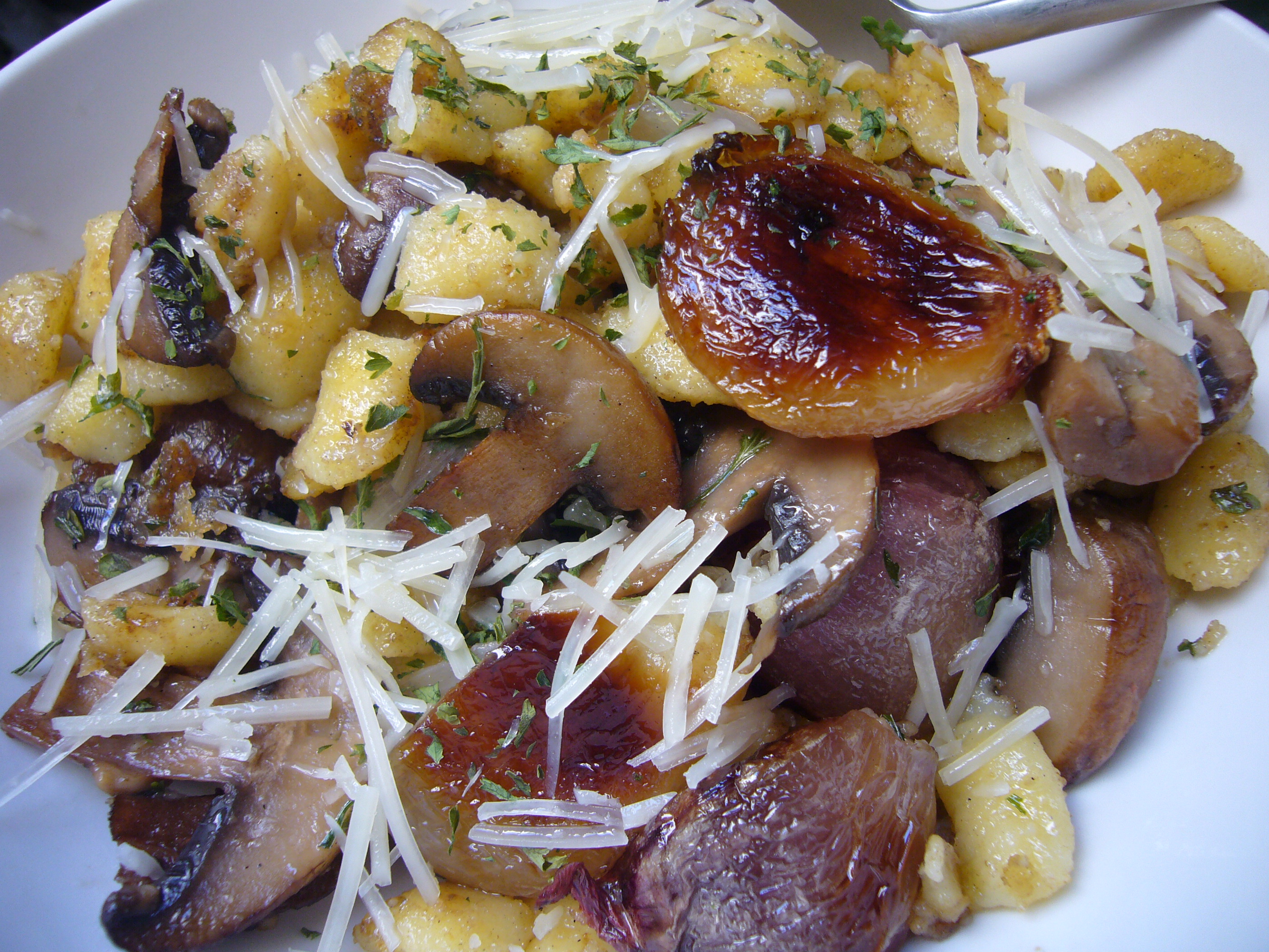 Browned Crispy Spaetzle with Caramelized Shallots and Mushrooms 
