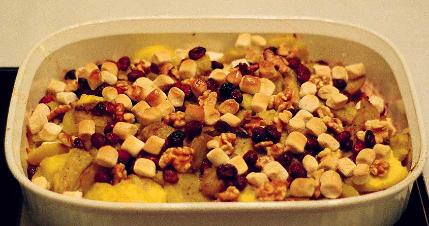 Candied Sweet Potatoes with Walnuts, Cranberries, and Marshmallowettes