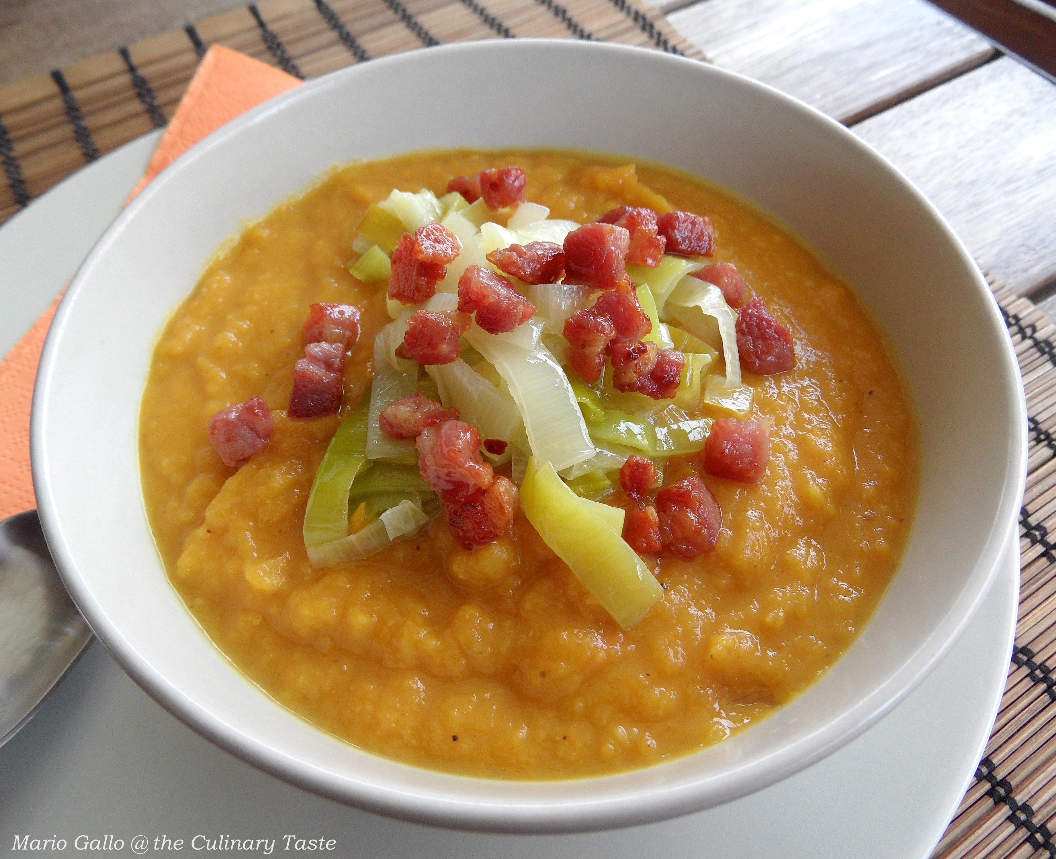 Curried Butternut Squash and Celeriac Soup with Leek and Crispy Bacon Topping