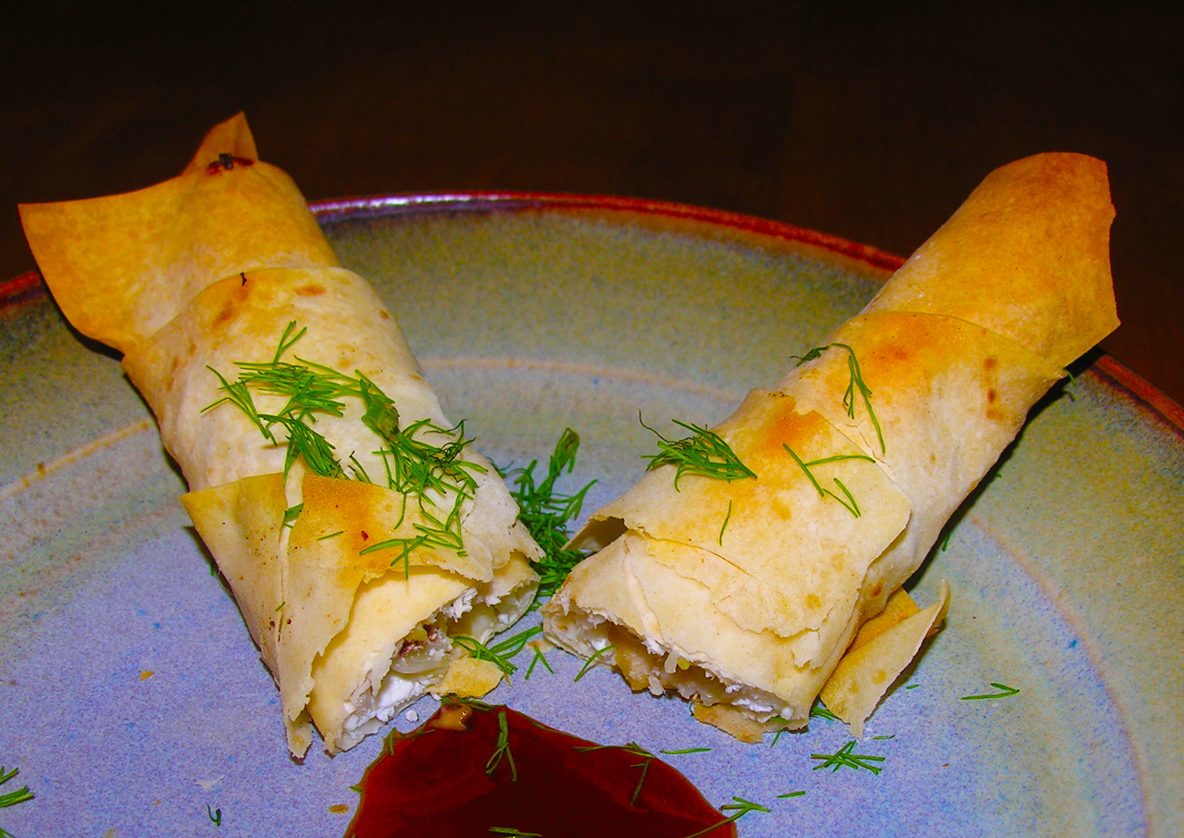 Easy pastry wraps with feta, fennel, chestnut, mushroom, ginger, and