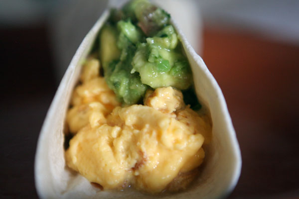 Taco-Style Scrambled Eggs with Guacamole and Corn Chips