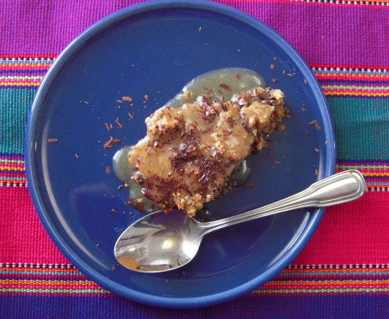 Dark Chocolate Peanut Butter Baked Oatmeal with Salted Caramel Sauce