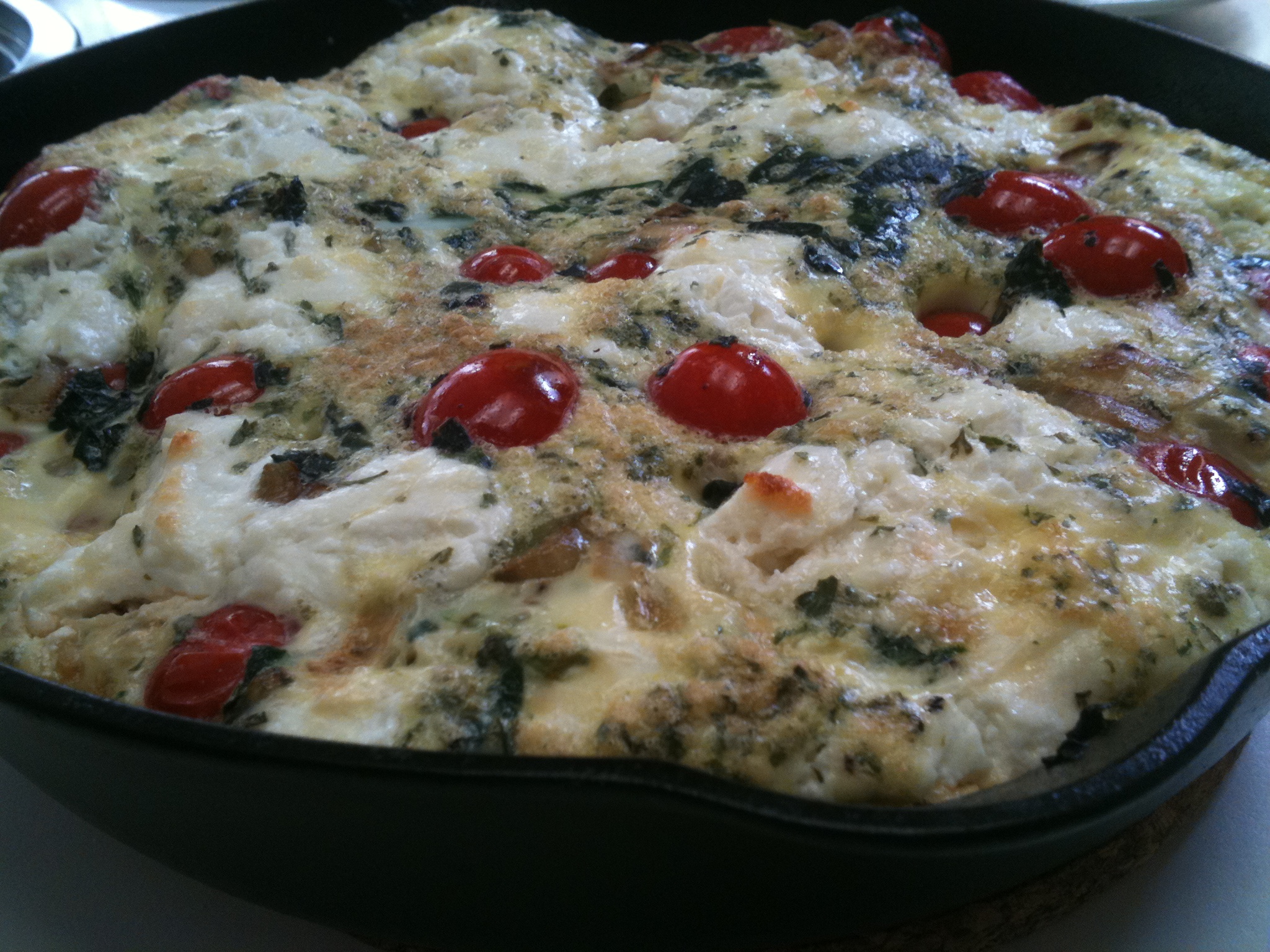 Iron Skillet Frittata w/ Caramelized Shallots, Spinach, Grape Tomatoes, & Goat Cheese