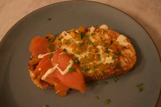 Egg in the basket french toast with smoked salmon, roasted beets, and mustard creme fraiche