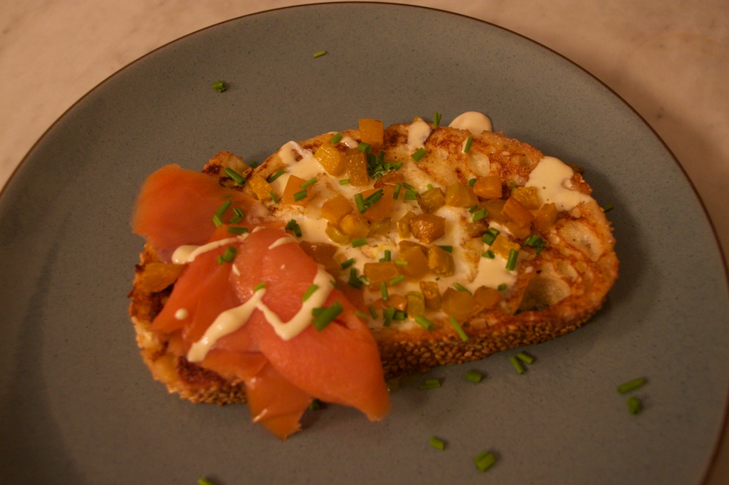 Egg in the basket french toast with smoked salmon, roasted beets, and mustard creme fraiche