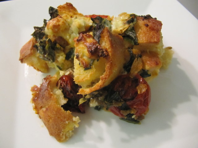 Savory Sausage, Greens and Slow Roasted Tomato Bread Pudding 
