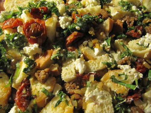 Savory Sausage, Greens and Slow Roasted Tomato Bread Pudding 