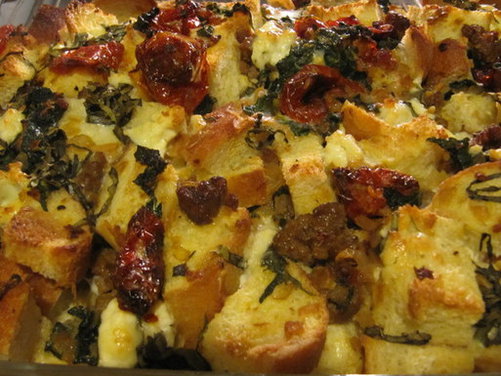 Savory Sausage, Greens and Slow Roasted Tomato Bread Pudding 