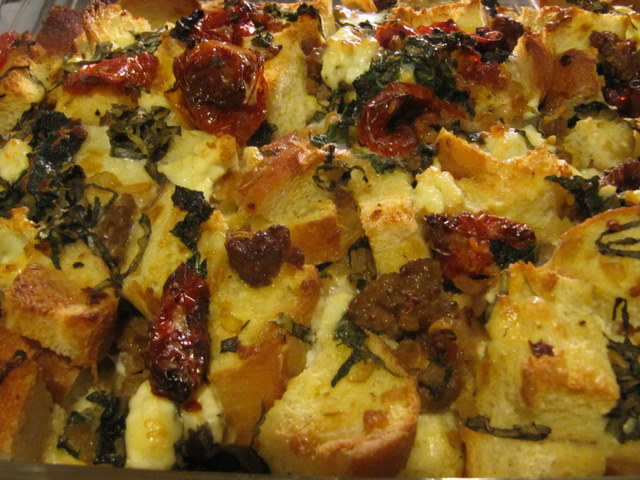Savory Sausage, Greens and Slow Roasted Tomato Bread Pudding 