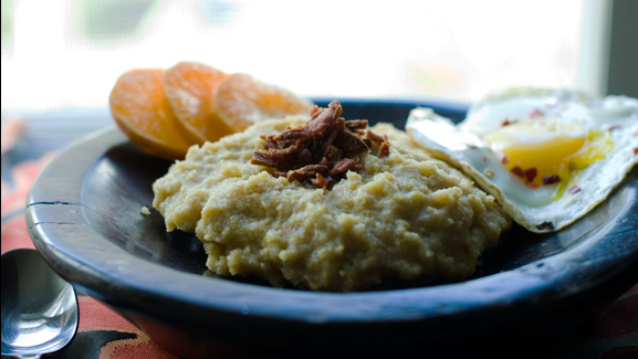 Maple Cinnamon Polenta w/ Crumbled Bacon & Red Pepper Eggs