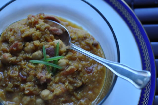 Curried Red Lentil Soup with Jalepeno, Ham and Lemon