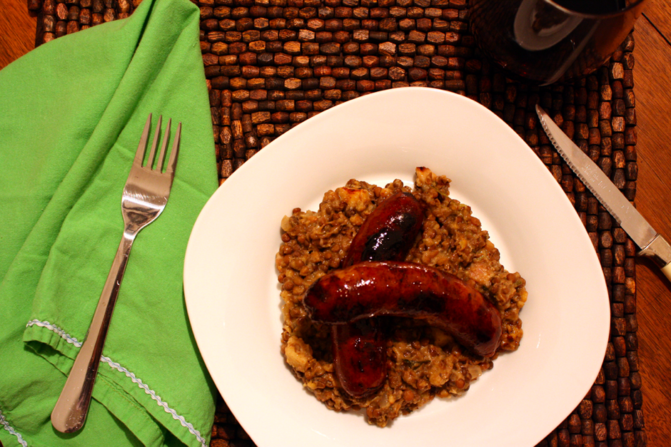 Sausage Over Creamy Lentils