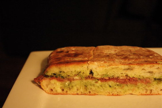 Prosciutto and Fontina Panini with Arugula Pesto 